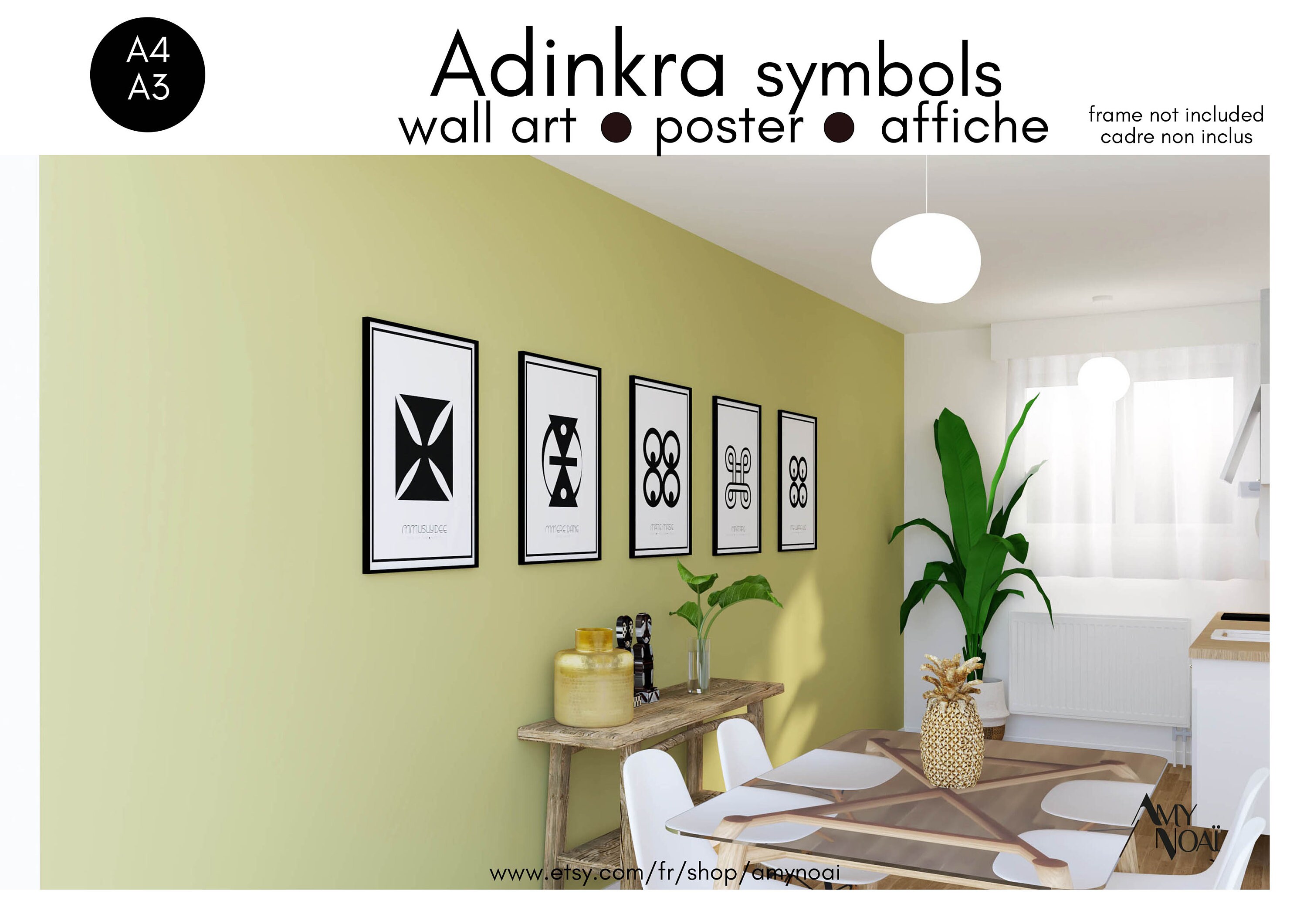 Poster Adinkra Symbol Africain, Affiche Wall Art Ghana Akan Baoulé Hye Kae Me Keta Kojo Krado Mate M