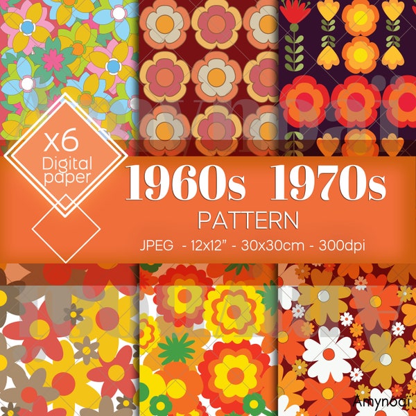 MUSTER 1960er 1970er Jahre Blumenthema, 70er Jahre Kreismuster Retro Gelb Orange, jpg, digitale Dateien, direkter Download