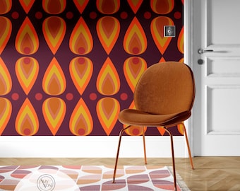 70s Retro Wallpaper – Orange Yellow Brown Teardrop Pattern | Vintage Wall Decor