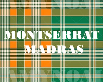 1 Diseño de patrón Madras de Montserrat en verde, naranja y blanco, motivo de tela caribeña, archivo digital, descarga instantánea