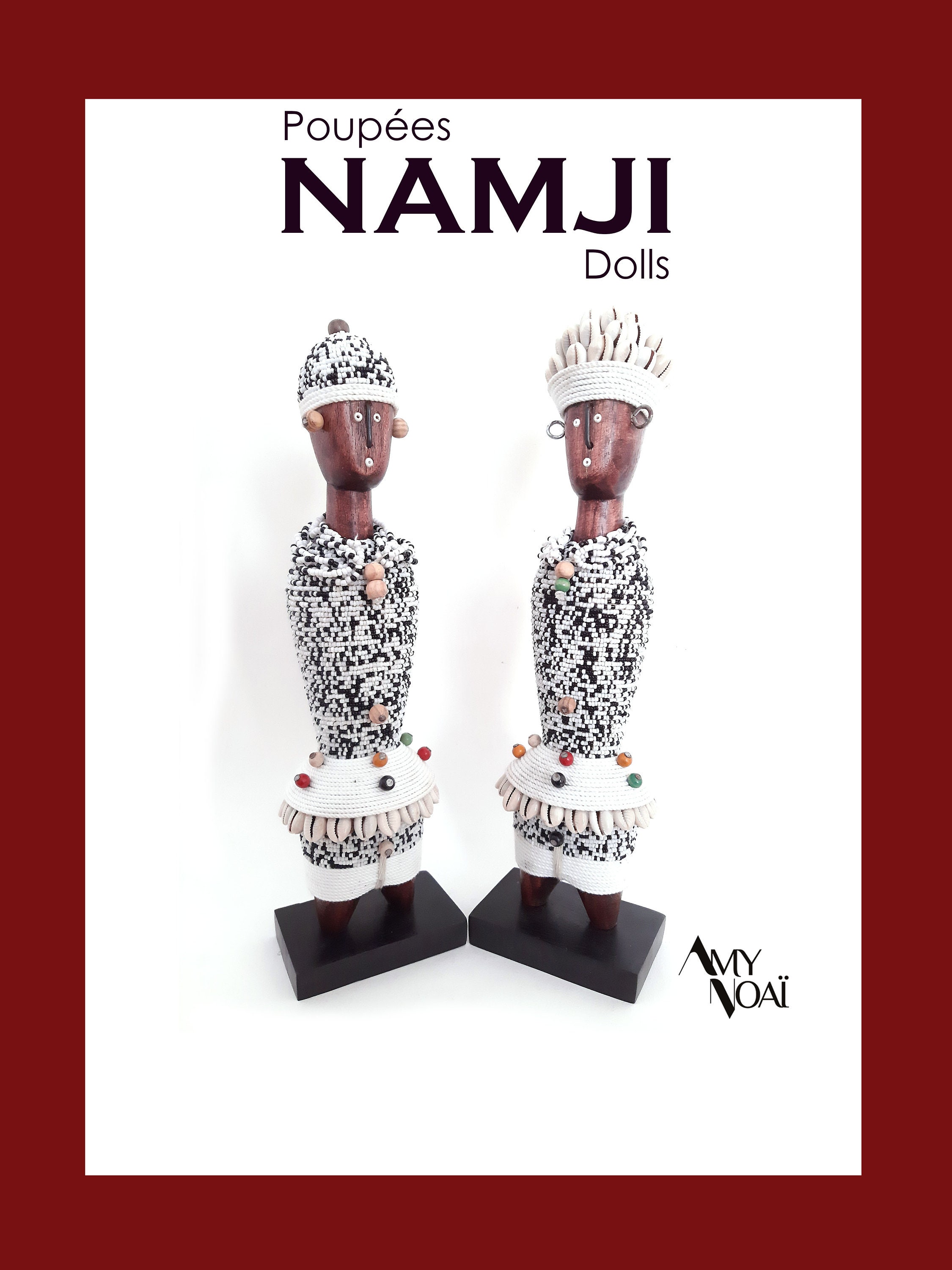 Couple de Poupées Namji Du Cameroun , Statue Africaine en Bois Perle et Coquillage Cowri , Déesse La