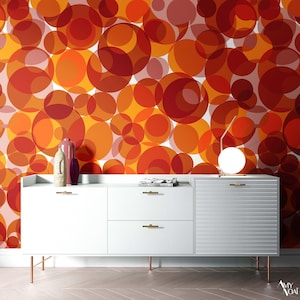 70s Retro Geometric Wallpaper – Warm Tones Circle Pattern – Peel and Stick, Pre-Pasted or Non-Woven