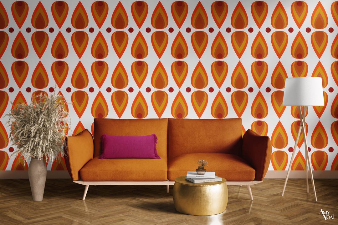 70s Vintage Wallpaper – Drop Shape Pattern in Orange, Yellow, Khaki ...