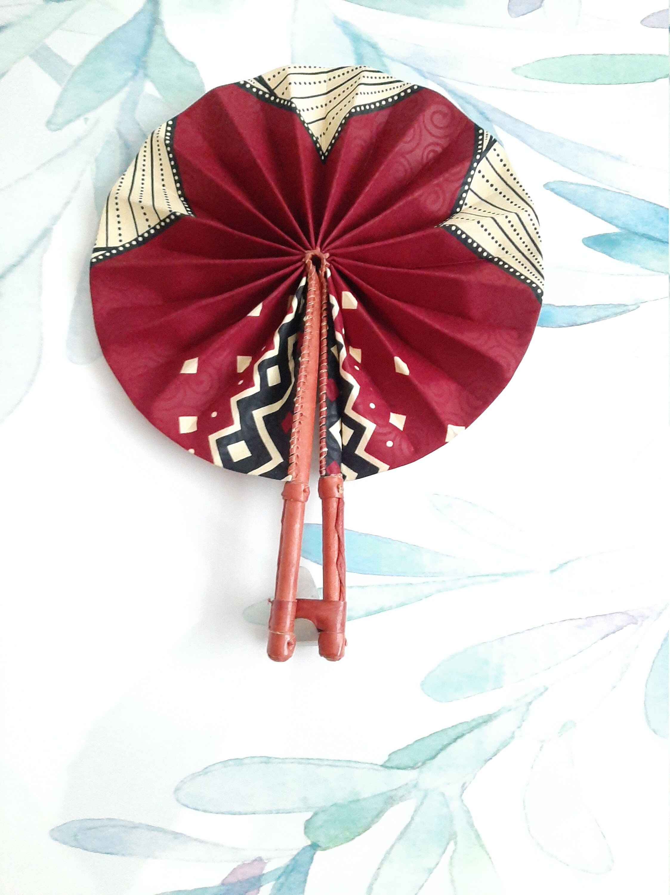 Eventail Africain en Tissu Wax et Cuir, Bordeaux Beige Noir, Du Togo, Fabriqué à La Main, Ventilateu