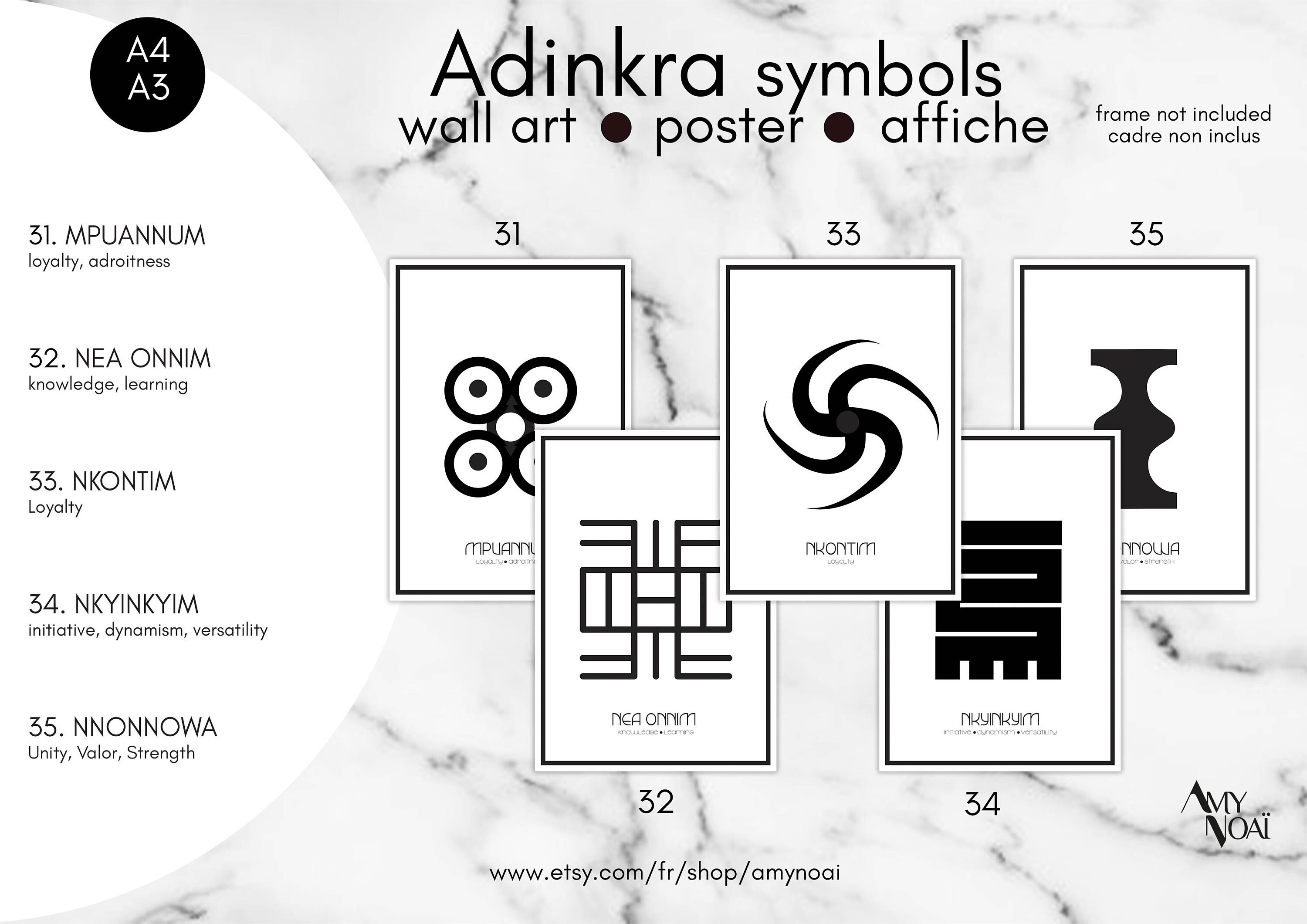 Poster Adinkra Symbol Africain, Affiche Wall Art Ghana Akan Baoulé Mpuannum Nea Onnim Nkontim Nkyink