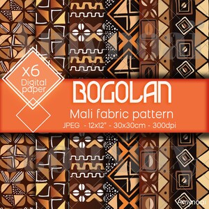 May include: Six digital papers showcasing a Bogolan Mali fabric pattern. The designs incorporate geometric shapes in brown, tan, and orange hues. The image text reads "BOGOLAN Mali fabric pattern JPEG - 12x12" - 30x30cm - 300dpi".