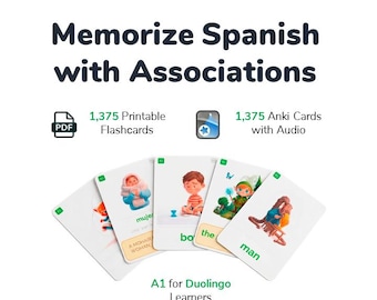 Tarjetas de vocabulario de español A1 para estudiantes de Duolingo | 1375 asociaciones mnemotécnicas | Mazo de Anki con audio y libro de ejercicios en PDF