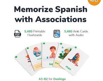 5480 tarjetas de vocabulario en español para usuarios de Duolingo | Paquete de mnemotecnia de vocabulario A1-B2 | Mazo de Anki con audio | Libro de ejercicios en PDF