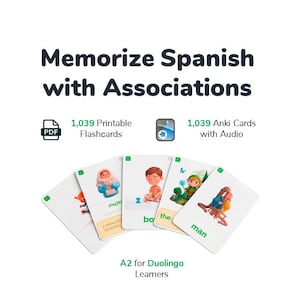 Puede incluir: Imagen de tarjetas didácticas para aprender español. Las tarjetas presentan ilustraciones y texto, con las palabras "Memorize Spanish with Associations" en la parte superior. La imagen también incluye el texto "1,039 Printable Flashcards" y "1,039 Anki Cards with Audio."