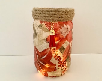 Amaryllis Floral Vase, Decoupage Candle Holder Centrepiece, Anniversary gift her, bedroom nightlight, table decoration, floral light jar