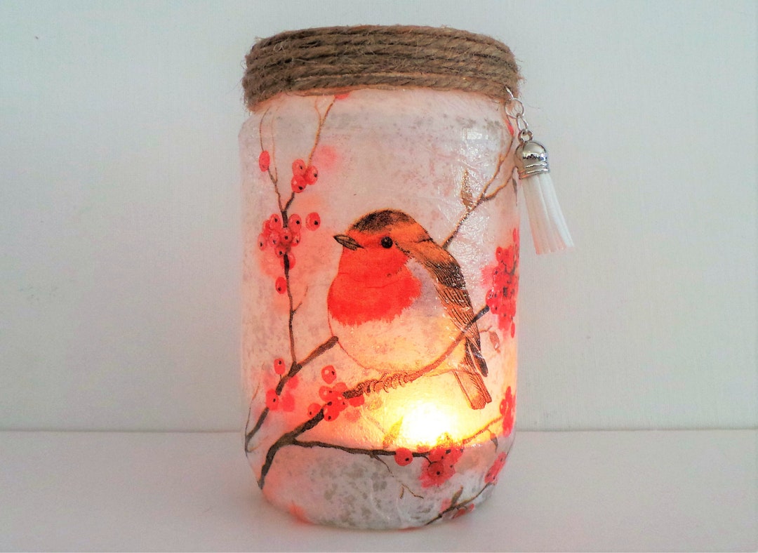 Robin and Berries Candle Holder Jar Light Robin Candle - Etsy México