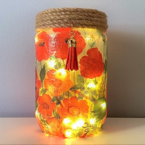 Stunning Poppy Light, decoupage candle holder, cozy nightlight, floral lantern, gift for mum, red floral home decor