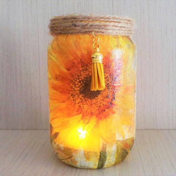 Happy Sunflower candle holder, Sunflower lantern, light jar, night light, wedding centerpiece, Yellow Vase, sunflower decor, Joyful gifts