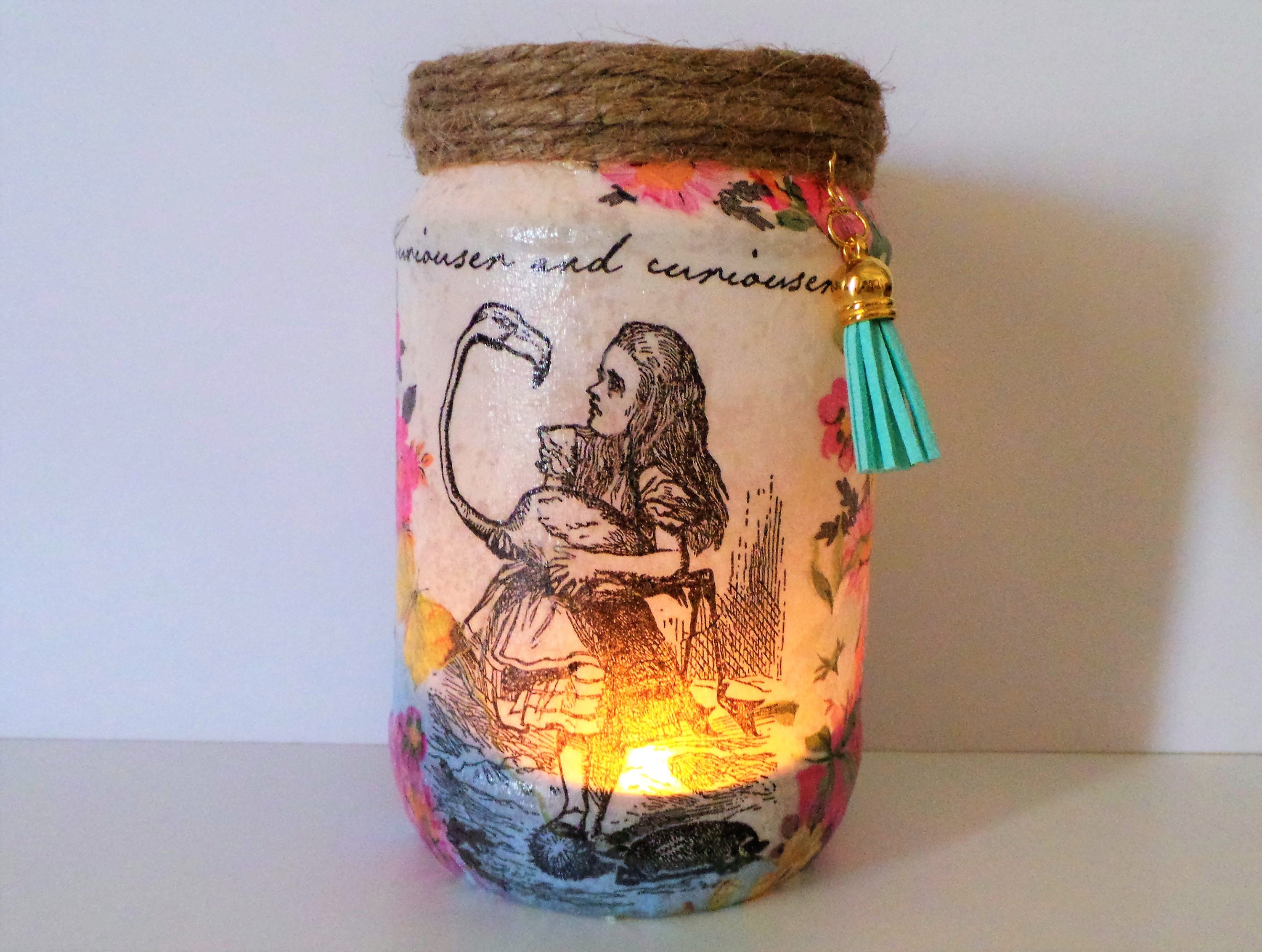 Alice in Wonderland Lamp: Handmade Decoupage Lantern Jar Nightlight