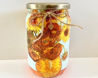 Van Gogh Sunflowers Upcycled Jar: Decorative Storage Container