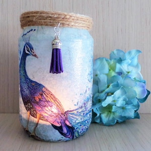 Decoupage Peacock Lantern Jar: Upcycled Candle Holder, Home Decor Gift