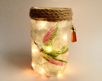 Hummingbird Glass Lantern, decoupage nightlight, bird decoration, unique handcrafted gift, birthday gift mum, light jar, bird candle holder