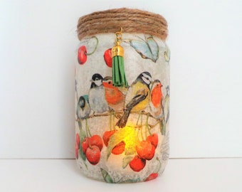Handmade Bird & Cherry Lighted Jar: Decoupage Lantern Gift