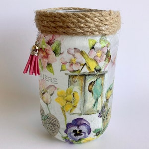 Floral Bird Decoupage Mason Jar Lantern: Handmade Table Light