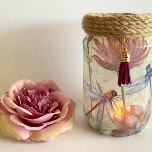 Dragonfly Light: Decoupage Glass Jar Candle Holder with Tassel