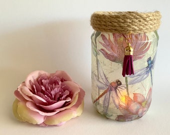 Dragonflies Recycled Glass Jar Light, Upcycled Decoupage glass jar, Nature Lovers Gift, Dragonfly lovers
