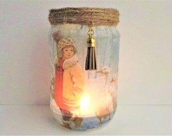 Winter Girl decoratieve lichtpot, meisje en ganzen decoupage kaarshouder