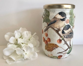 Chickadee birds storage jar, decoupage gift, bird food container, Gift for mum, bird vase