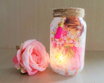 Decoupage Girl Night Light: Recycled Glass Jar, Pink Room Decor