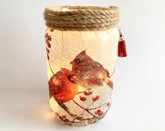 Cardinals Bird Lantern Jar, Upcycled glass jar, bird candle holder, Loved ones keepsake candle lamp, nightlight, Red Cardinal Mason Jar