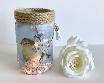 Decoupage Bird Blossom Candle Lantern: Handmade Glass Nightlight