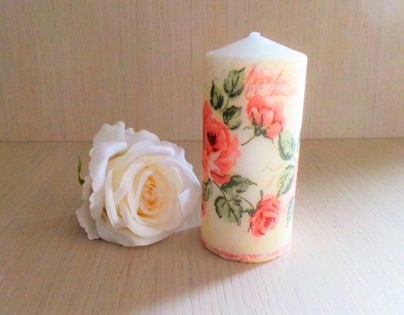 Classic Rose Shabby Chic Candle Decorative Candle Bedroom Decor Floral Candle Pink Roses Wedding Candle Baptism Decoupage Gifts