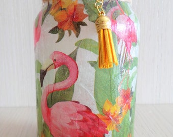 Flamingo Decoupage Jar Light: Tropical Decor Candle Holder