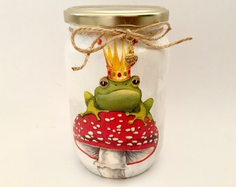 Frog Prince Decoupage Jar: Handmade Decorative Storage