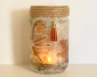 Squirrel and Robin Winter Garden decoupaged jar light, Robin and Squirrel, Nature Lovers, Light up lantern, Garden lantern