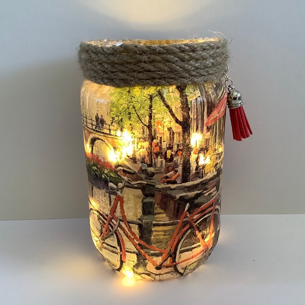 Amsterdam Glass Jar with lights, Recycled Jar lamp, nightlight, candle holder souvenir gift, Upcycled Jar lamp, lantern jar candle holder