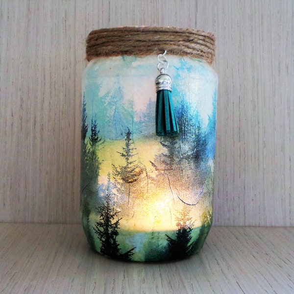 Forest candle holder, Recycled and Upcycled Gifts, Winter decor, forest decor, Nature lover gift, Winter Scene, fir trees, winter landscape