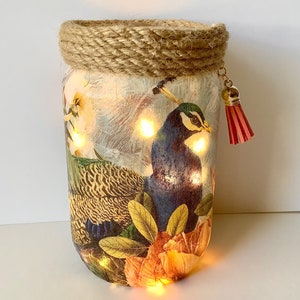 Peacock Candle Light Holder: Decoupage Glass Jar, Bird Lantern, Led Lamp