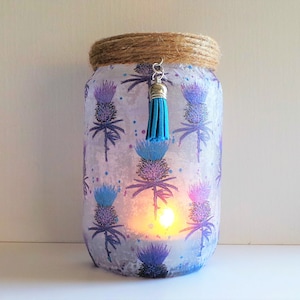 Scottish Thistle Candle Holder, Decorative light, upcycled glass jar, Handmade Gift, Purple Thistle Lamp, Anniversary gift, Scotland theme