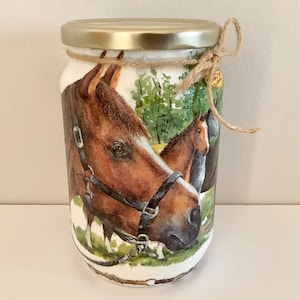 Pferde Dekodose, Decoupage Pferde Behälter, Geschenk für Pferdeliebhaber, Upcycling Glas Vorratsdose, Pferde Teedose