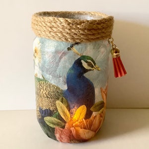 Peacock Jar Lamp: Decoupage Glass Bird Nightlight