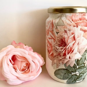 Vintage rose jar, Decoupage storage jar, up cycled decorated glass canister, gift for mum