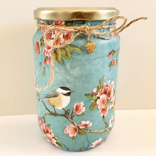 Bird and Blossom storage jar, tea gift, bird food container, Gift for mum, bird vase, seed jar, decorative jar, bird lover gift, powder room