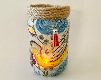 Lampa w kształcie ptaka: słoik z recyklingu, świecznik na lampkę stołową
