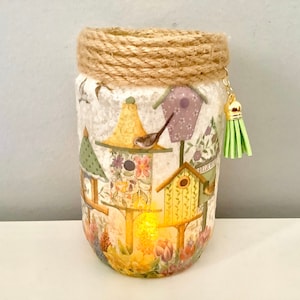 Birdhouse Garden Night Light: Decoupage Jar Lantern with String Lights