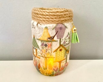 Birdhouse Garden Night Light: Decoupage Jar Lantern with String Lights
