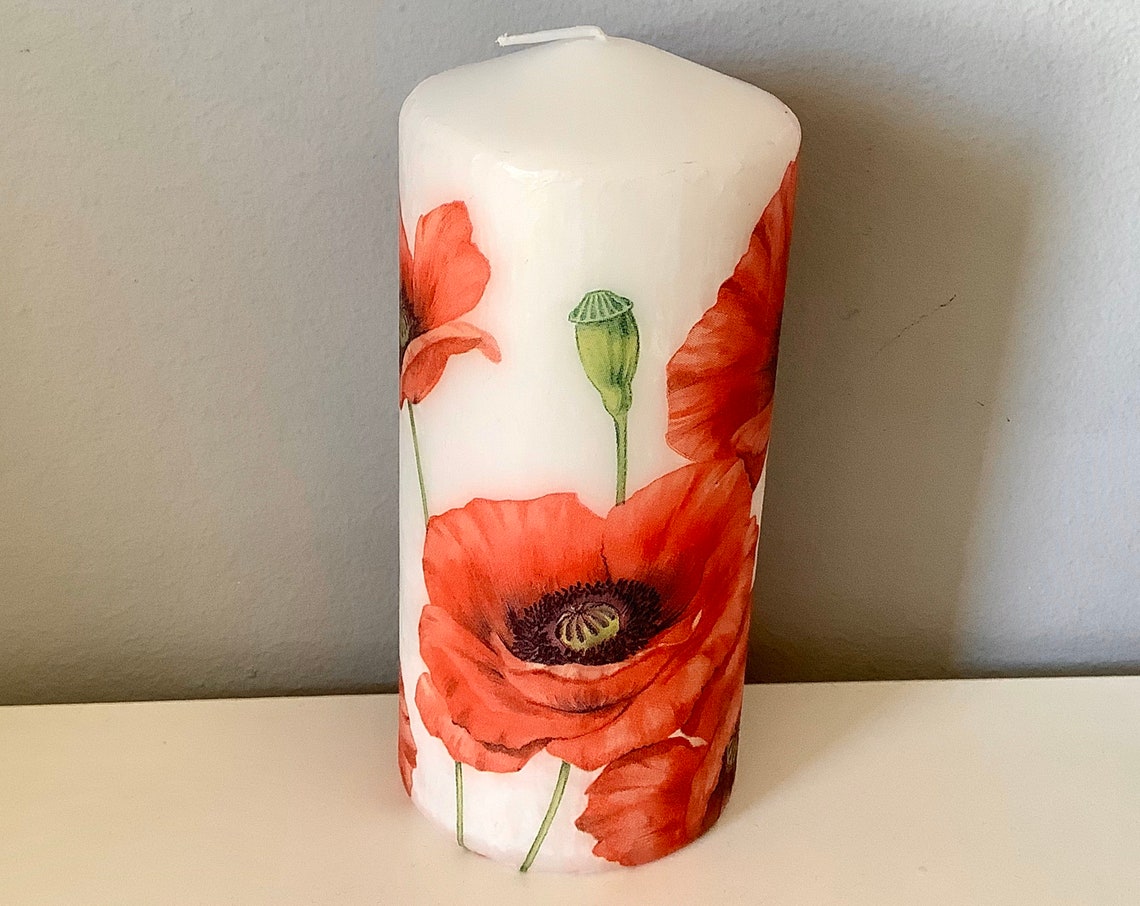 Poppy Pillar Candle red poppies floral gift table Etsy