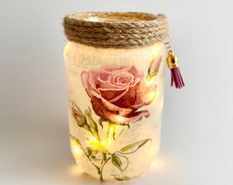 Rose Candle Holder, Mason Jar Candle, Rose Lantern, Floral nightlight, Rose lamp, home decor, Romantic light, Candle Jar Light, Pink Rose