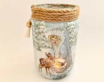Winter Nursery Night Light: Upcycled Girl & Deer Lantern