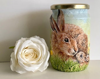 Rabbit Jar, animal gift, rabbit keepsake, storage jar with lid, pet rabbit urn, rabbit lover, animal jar, decoupage gift, rabbits gift