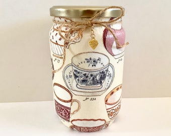 Tea Jar, Teacup Motif, Kitchen Storage, Decorative Glass Container